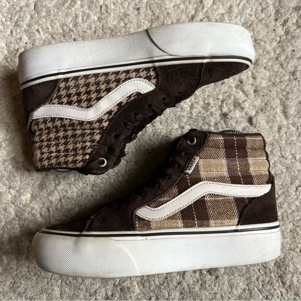 Vans: Brown Cream Tan Plaid Mix Filmore Hi Platform Sneakers Women's Size 6 - Picture 14 of 14